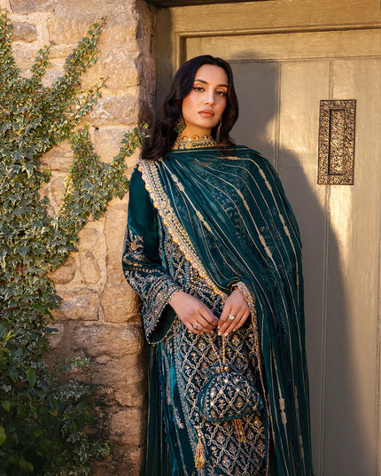 Faiza Saqlain | Teal Embroidered Velvet Suit