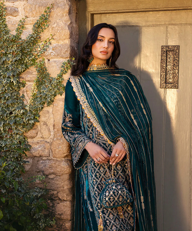 Faiza Saqlain | Teal Embroidered Velvet Suit
