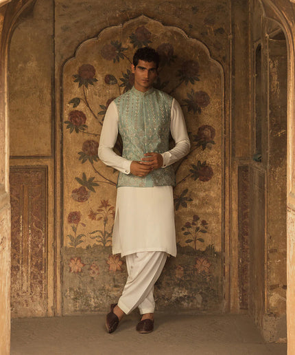 Faiza Saqlain Ice Blue Embroidered Korean Raw Silk Set