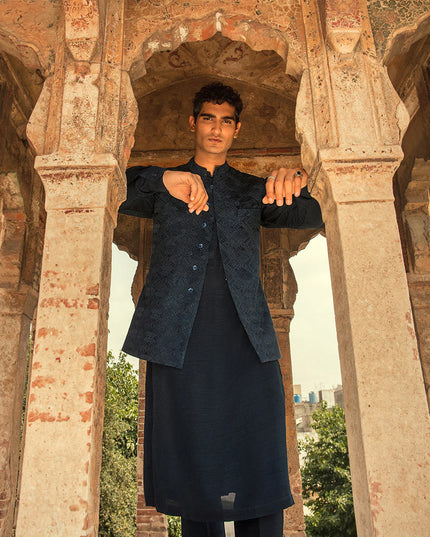 Faiza Saqlain Navy Embroidered Korean Raw Silk Set