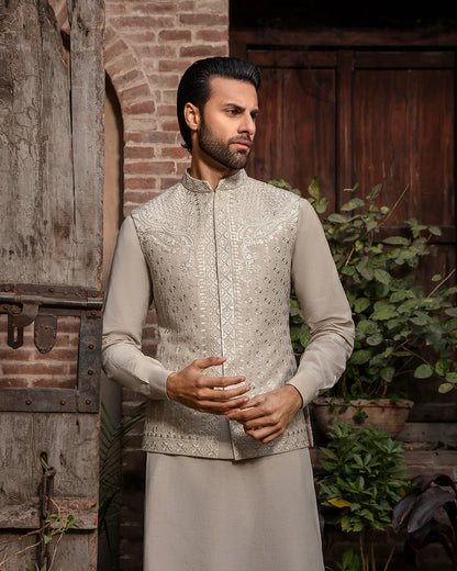 Faiza Saqlain Sand Grey Embroidered Korean Raw Silk Set