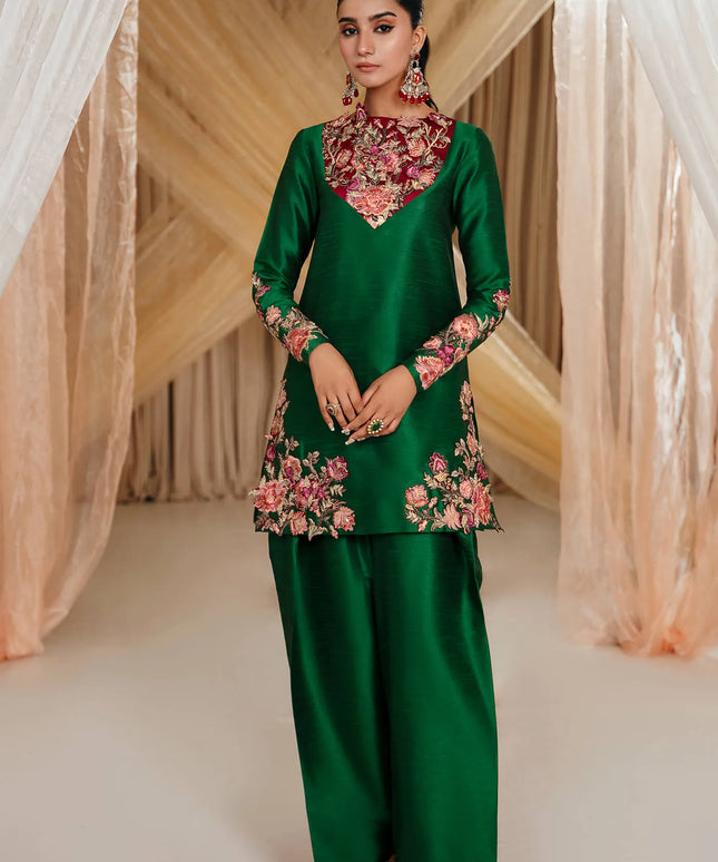 Emerald Green | Embroidered Embellished Silk Suit