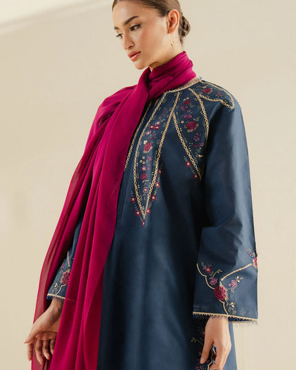 Zara ShahJahan | Navy Cambric Floral Embroidered Suit