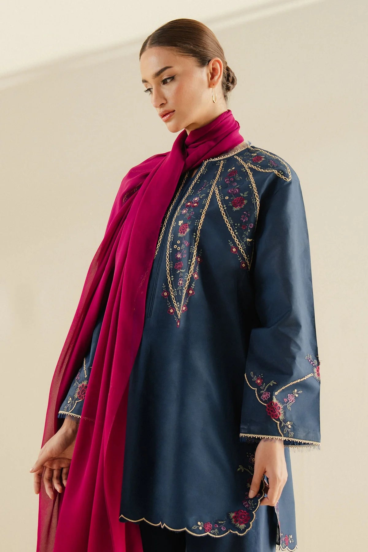 Zara ShahJahan | Navy Cambric Floral Embroidered Suit