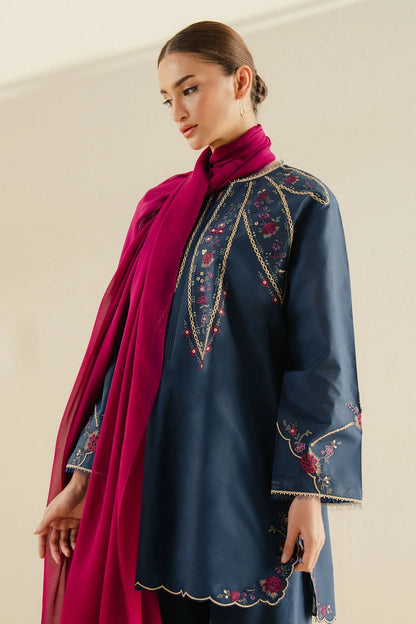Zara ShahJahan | Navy Cambric Floral Embroidered Suit