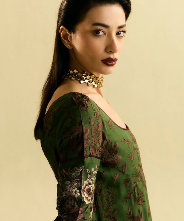 Zara ShahJahan | Moss Green Chiffon Georgette Embroidered Suit