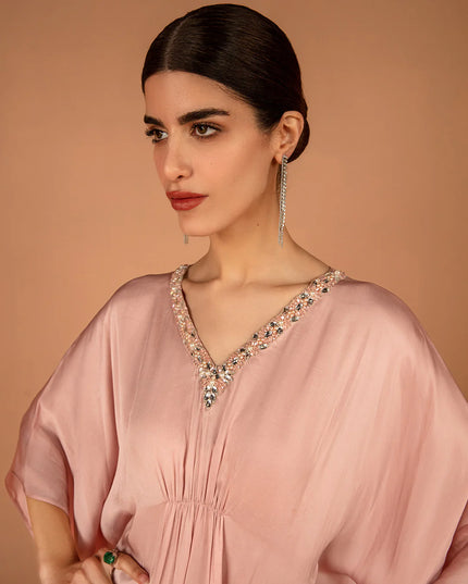 Faiza Saqlain | Rose Pink Embellished Silk Kaftan