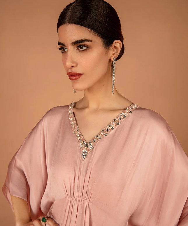 Faiza Saqlain | Rose Pink Embellished Silk Kaftan