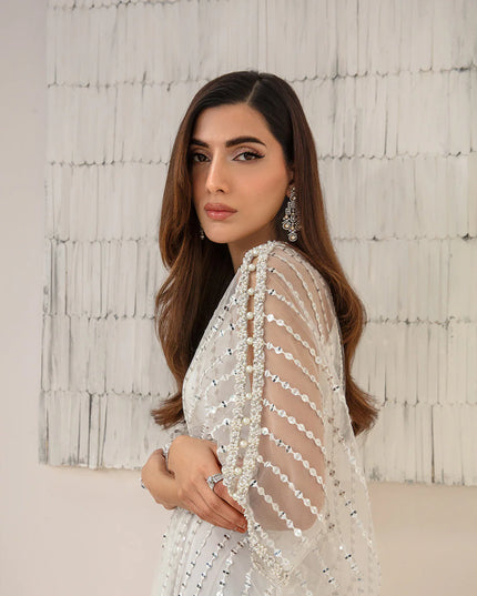 Faiza Saqlain | White Net Embellished Kaftan