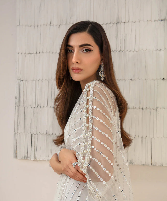 Faiza Saqlain | White Net Embellished Kaftan