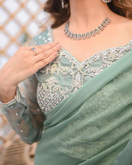 Fern | Mint Green Ruffled Chiffon Saree