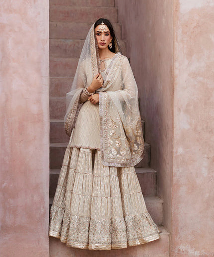 Faiza Saqlain | Off White Embroidered & Embellished Karandi Gharara