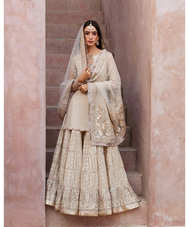 Faiza Saqlain | Off White Embroidered & Embellished Karandi Gharara