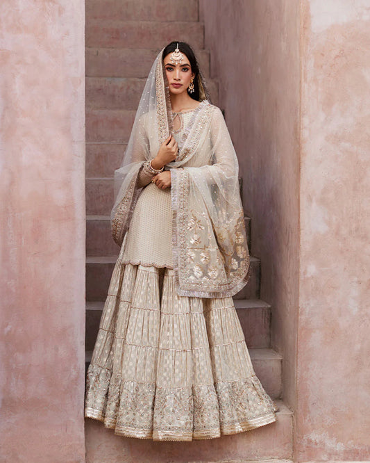Faiza Saqlain | Off White Embroidered & Embellished Karandi Gharara