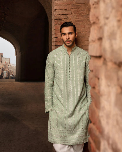 Faiza Saqlain Sage Green Embroidered Karandi Kurta Set