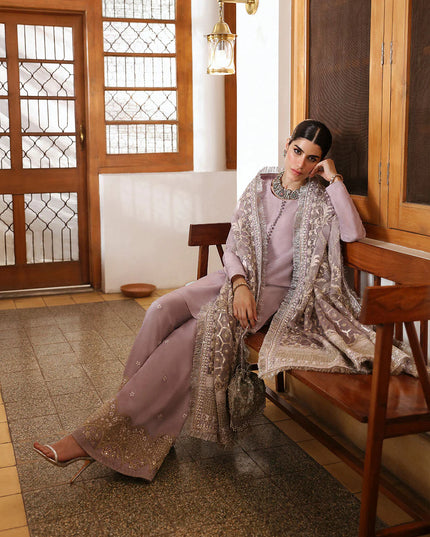 Faiza Saqlain | Lilac Raw Silk Embroidered Suit