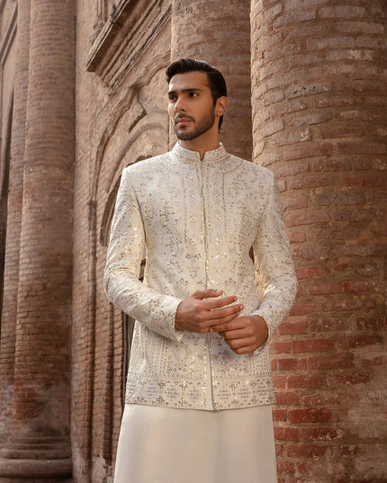 Faiza Saqlain Off White Embroidered Korean Raw Silk Prince Coat Set