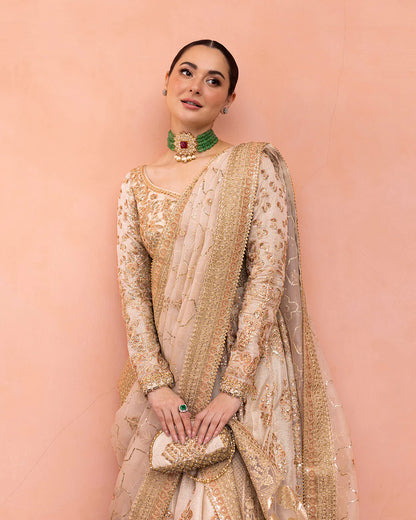 Faiza Saqlain | Beige Net Embroidered Maxi Dress