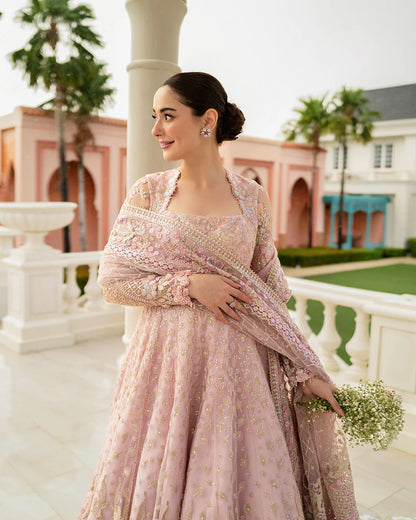Faiza Saqlain | Powder Pink Net Embroidered Maxi Dress