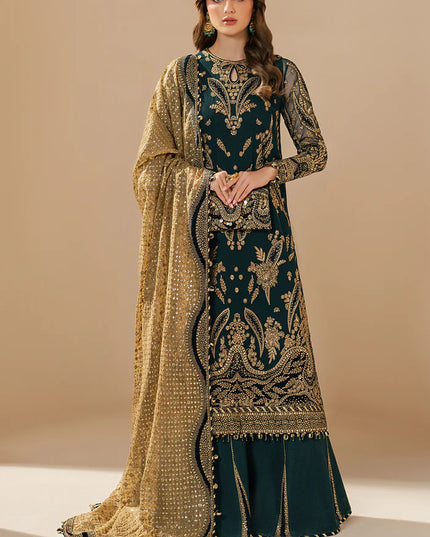 Kaya | Teal Green Embroidered Chiffon Velvet Appliqued Lehenga