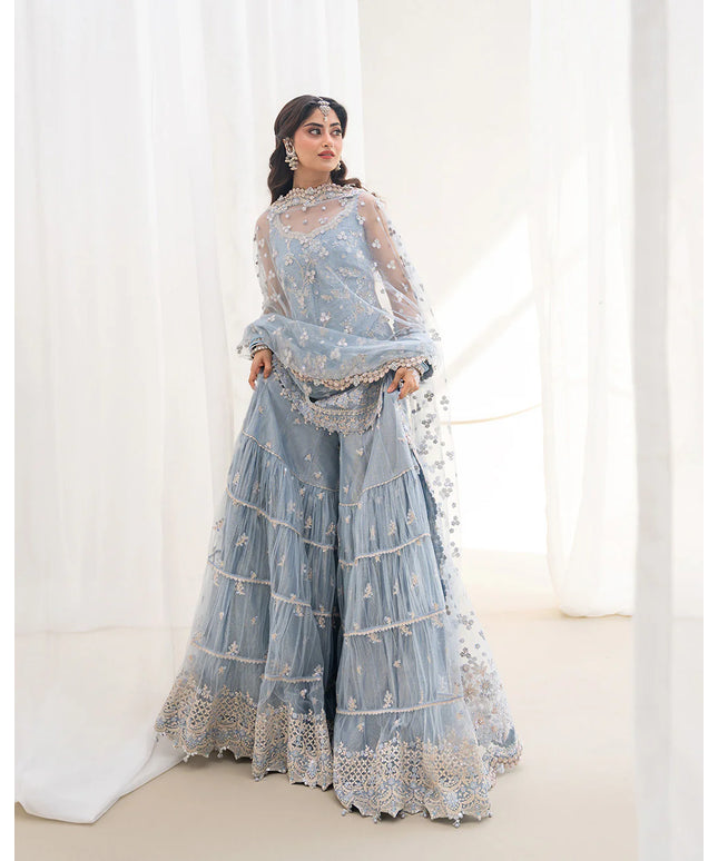 Faiza Saqlain | Ice Blue Net Embroidered Gharara
