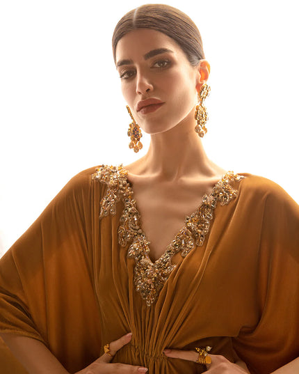 Faiza Saqlain | Mustard Embellished Velvet Kaftan