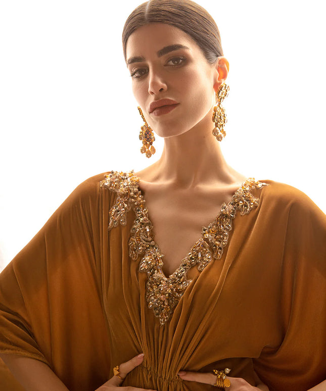 Faiza Saqlain | Mustard Embellished Velvet Kaftan