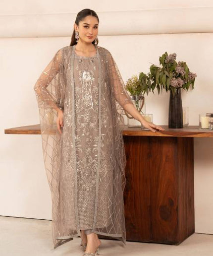 Malhaar | Beige Hand Embroidered Net Kaftan