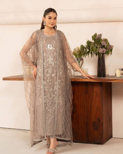 Malhaar | Beige Hand Embroidered Net Kaftan