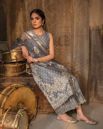 Faiza Saqlain | Pale Blue Embroidered Korean Raw Silk Suit