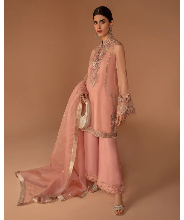 Faiza Saqlain | Peach Embellished Organza Suit
