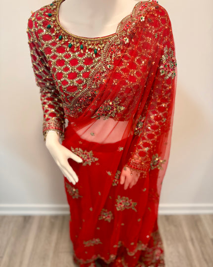 Luxury Crimson Bridal Saree Gown – Hand Embellished Wedding Formal