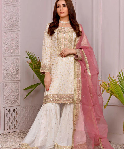 Tara | White Chiffon Embroidered Gharara