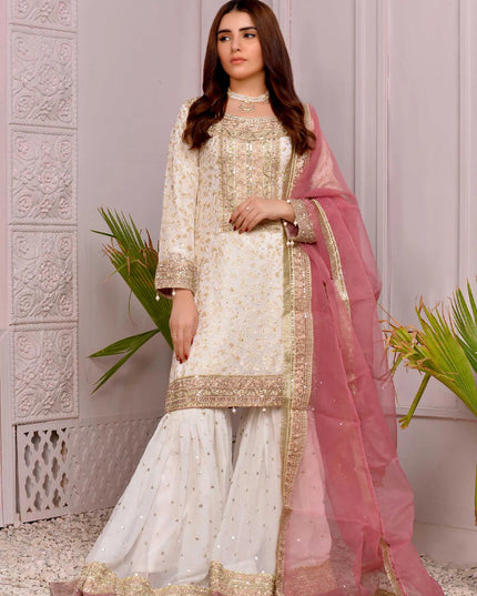 Tara | White Chiffon Embroidered Gharara
