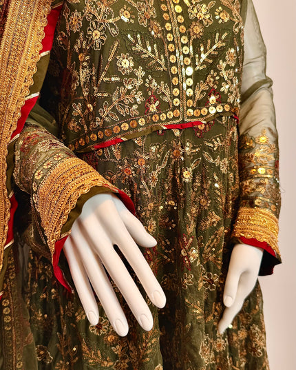 Luxury Olive Green Embroidered Peshwas Set