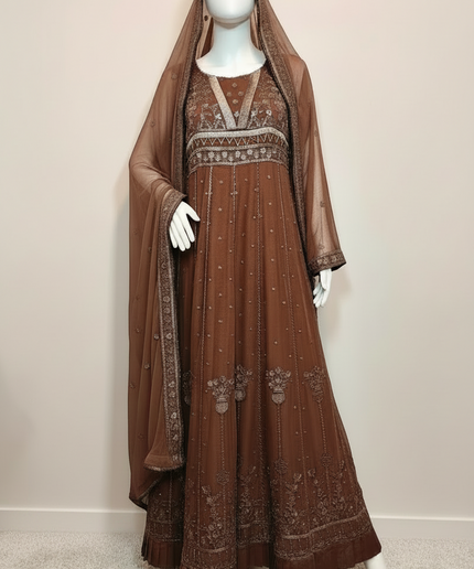 Brown embroidered dress with matching dupatta on a mannequin against a plain background