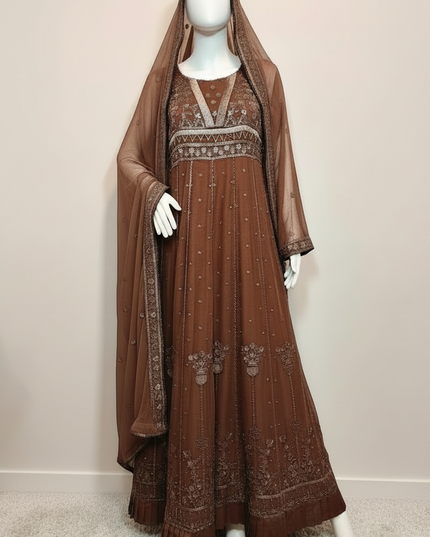 Brown embroidered dress with matching dupatta on a mannequin against a plain background