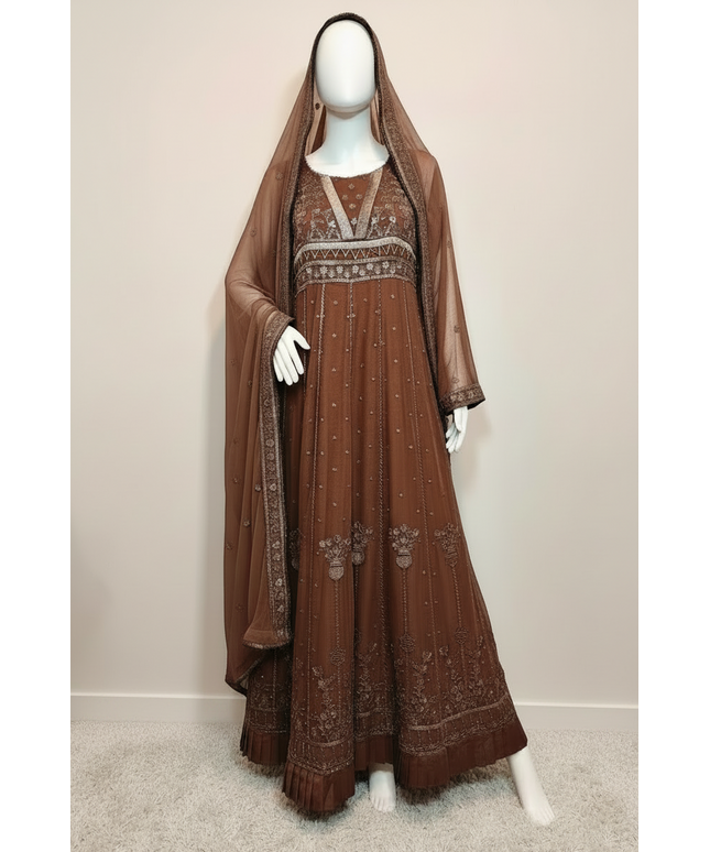 Brown embroidered dress with matching dupatta on a mannequin against a plain background