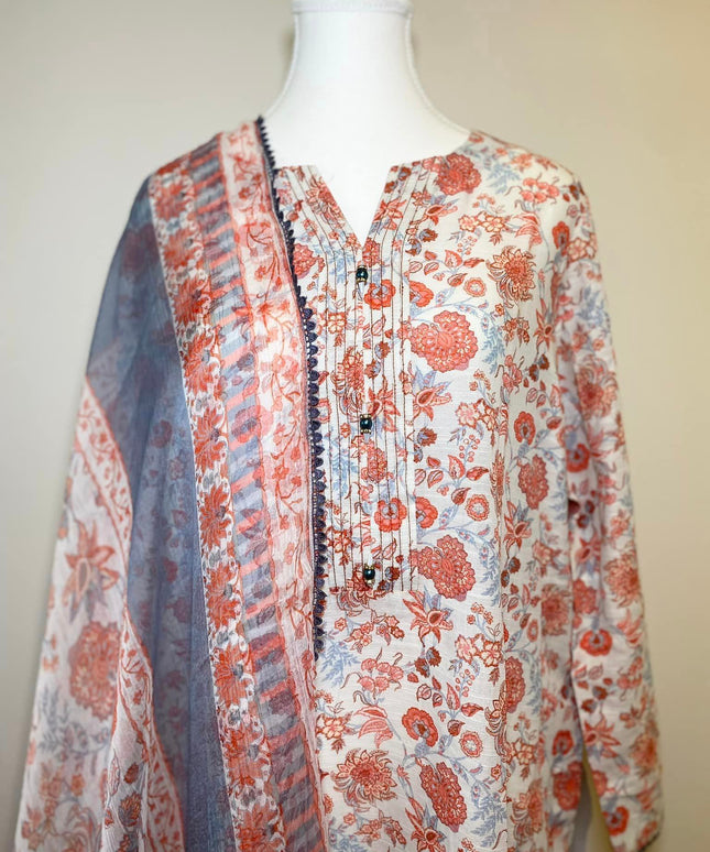 2 Piece | Khaadi Floral Print with Coral Dupatta