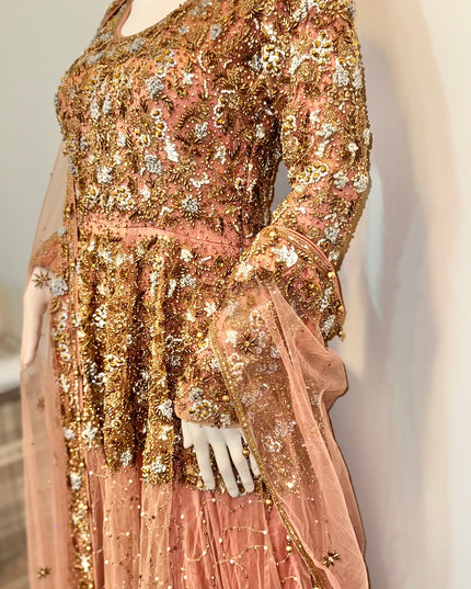 Luxury Peach & Gold Bridal Ensemble with Heavy Embroidery