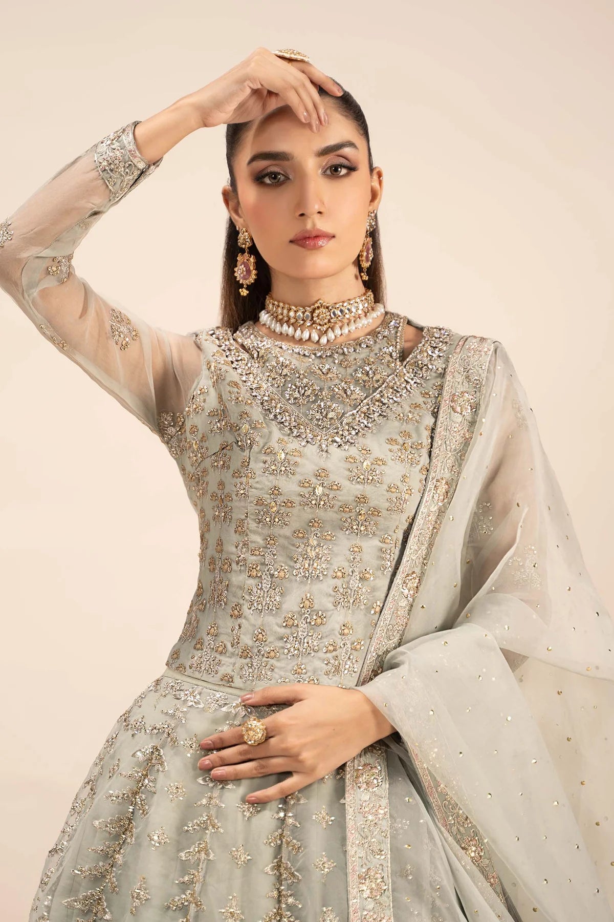 Maria B | Ice Blue Organza Hand Embellished Lehenga