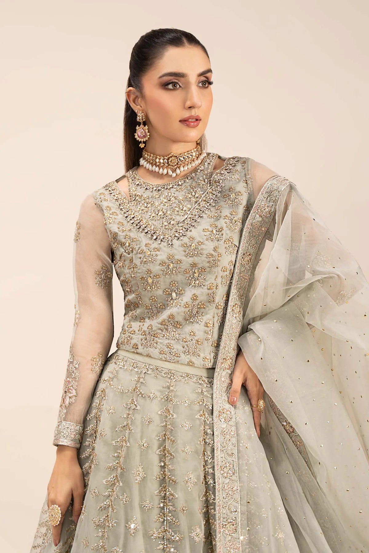 Maria B | Ice Blue Organza Hand Embellished Lehenga