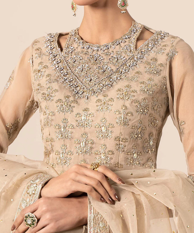 Maria B | Beige Organza Hand Embellished Lehenga
