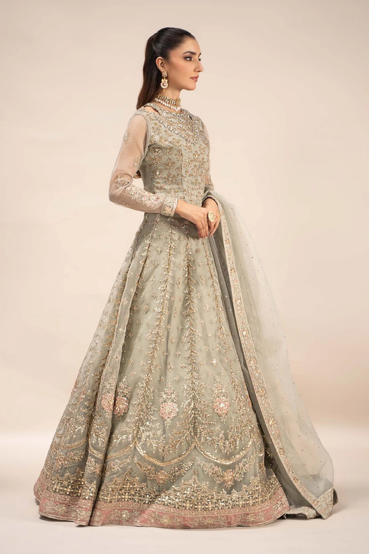 Maria B | Ice Blue Organza Hand Embellished Lehenga