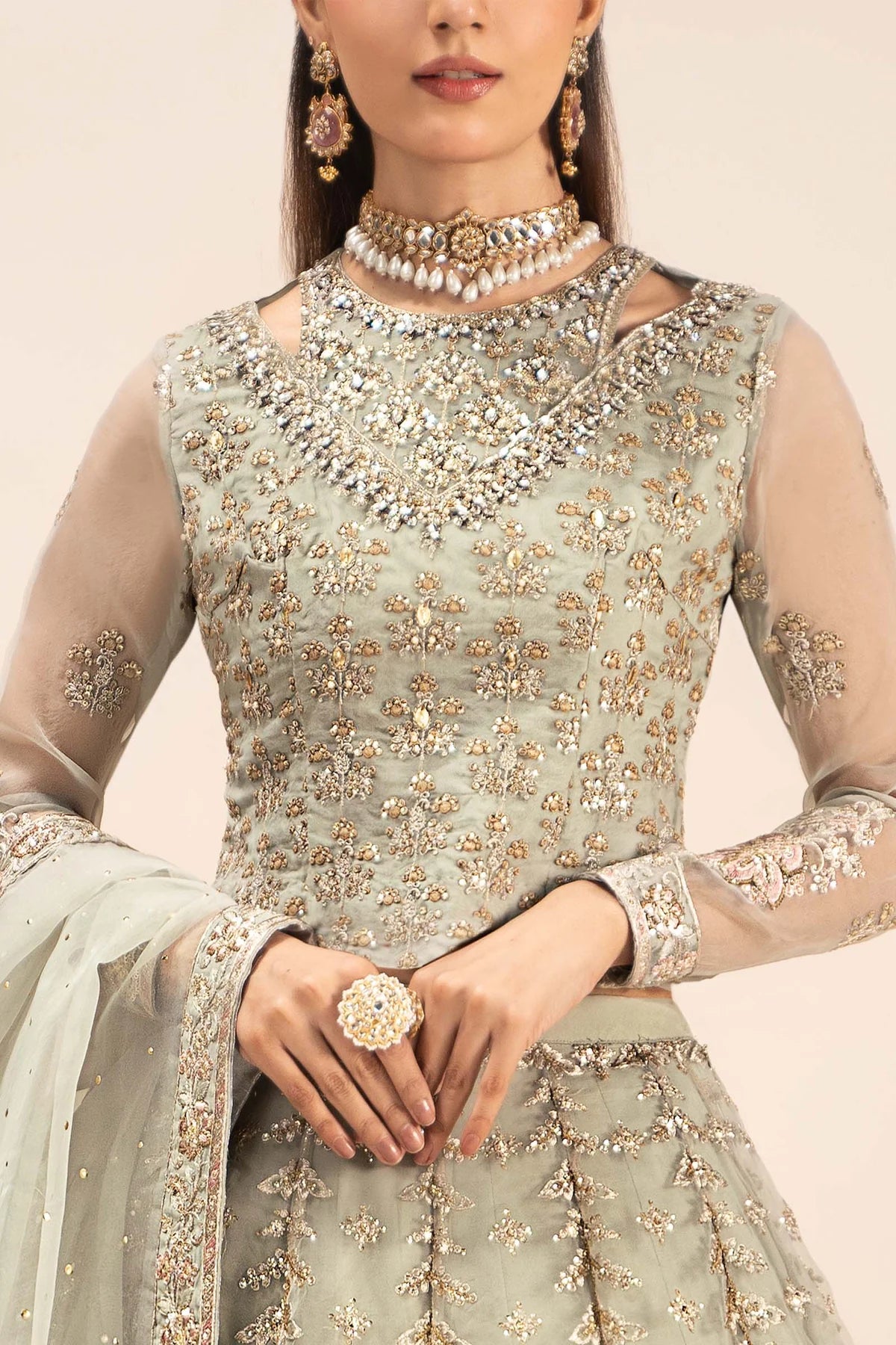 Maria B | Ice Blue Organza Hand Embellished Lehenga