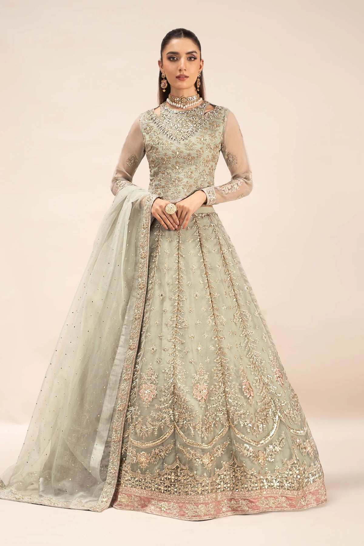 Maria B | Ice Blue Organza Hand Embellished Lehenga