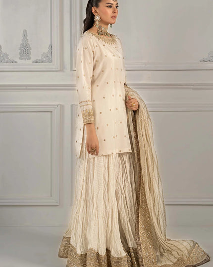 Maria B | Off White Embroidered Raw Silk Gharara