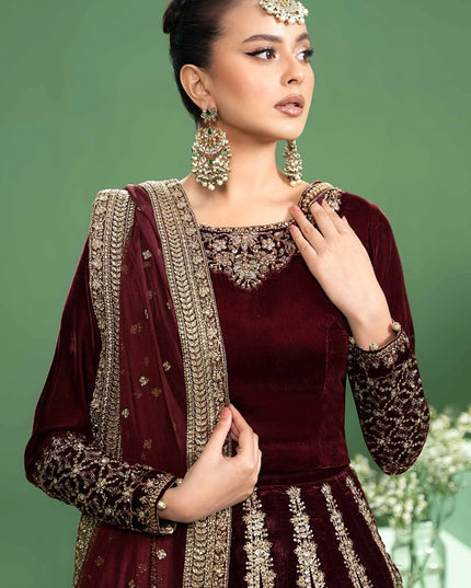 Maria B | Maroon Velvet Embroidered Lehenga