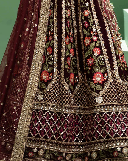 Maria B | Maroon Velvet Embroidered Lehenga