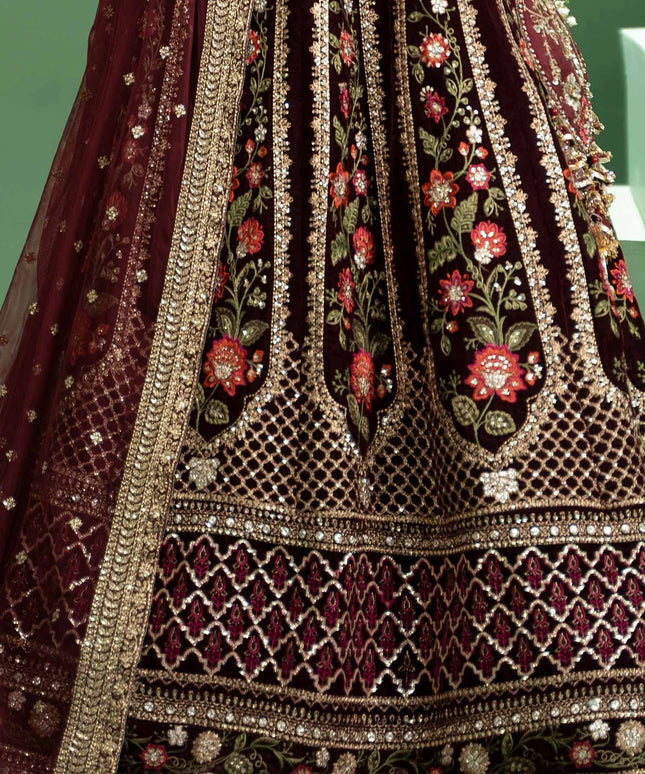 Maria B | Maroon Velvet Embroidered Lehenga